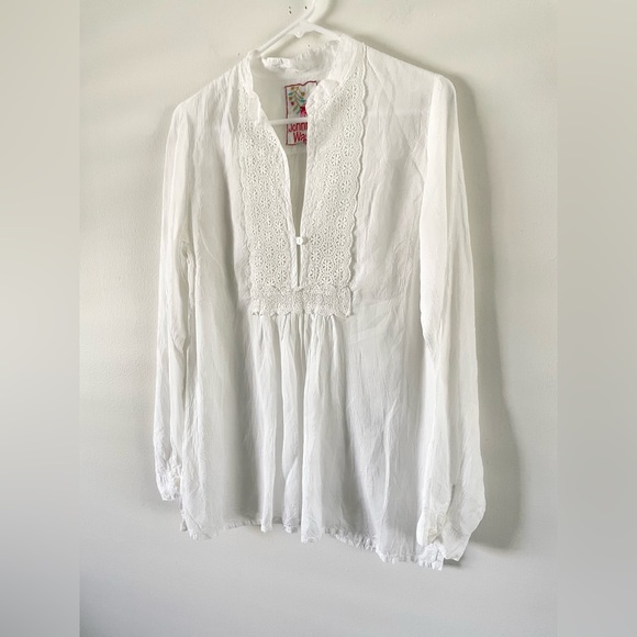 Johnny Was White Eyelet Blouse Mandarin Blouse Boho Hippie Minimalist Size S - Picture 6 of 6